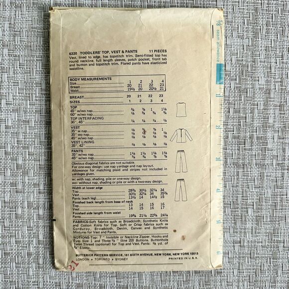 Vintage Butterick Sewing Pattern 6320 Toddler Top Pants Vest Easy Sewing Pattern - Picture 2 of 2